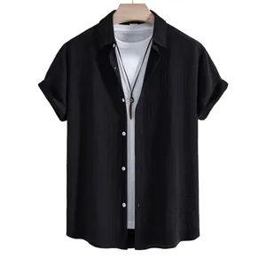 Men's casual black short sleeve shirt with summer jacquard texture for fashion look