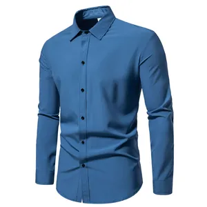 Men's solid blue long-sleeved casual shirt with a classic button-down collar and slim fit.