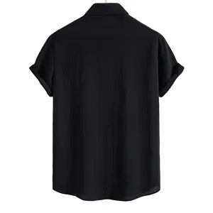 Men's casual black short-sleeve shirt with jacquard texture shown from the back view