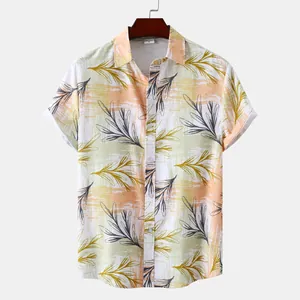 Chemise hawaïenne pour hommes à manches courtes avec imprimé tropical pêche et vert clair