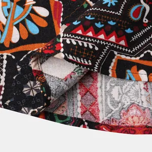 Detailed macro view of vibrant ethnic print on men's casual linen Hawaiian shirt fabric