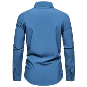 Back view of a solid blue men's casual long-sleeve shirt with a clean minimalist design