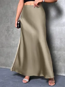 Elegant high-waisted taupe satin maxi skirt with smooth silk-like finish for women