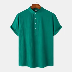 Detailed look at men's green cotton linen short sleeve shirt with stand collar