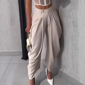 Women High Waist Tulip Pants Solid Color Pleated Cropped Wide Leg Trousers Casual Urban Bottoms For Ladies Fashion Pants
