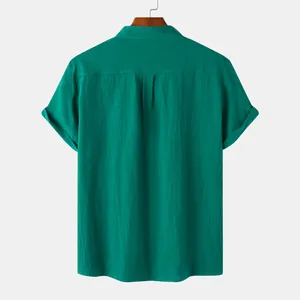 Back view of a casual men's green cotton linen short-sleeved shirt with a stand collar.