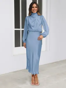 Elegant dusty blue satin long-sleeve midi dress with high neck and cinched waist
