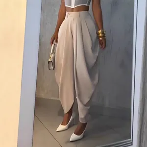 Stylish high-waisted urban chic drape front pants featuring elegant pleated tulip design