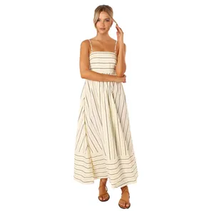 Detail view of a professional model wearing a striped spaghetti strap backless maxi dress.