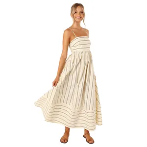 Detailed view of women's striped camisole maxi dress with elegant backless design