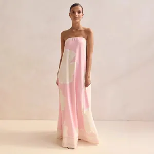Elegant pink strapless floral print maxi dress for women chic summer fashion 2025