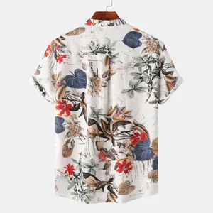 Back view of a casual summer Hawaiian short sleeve shirt with floral print for men