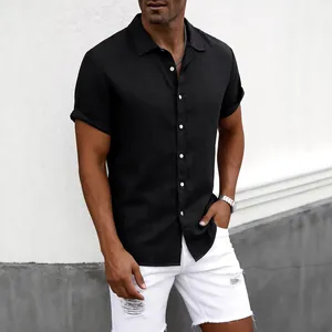 Heren casual zwart overhemd met korte mouwen, reverskraag en textuurstof look