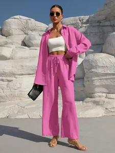 Women's pink long-sleeved cardigan and wide-leg pants two-piece casual lounge set