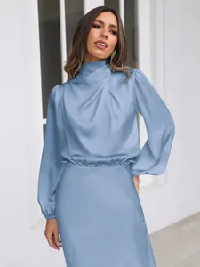 Elegant light blue satin long sleeve dress for evening parties and formal banquet events.