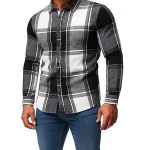 Vista detallada de la camisa informal de franela a cuadros en blanco y negro para hombre ajuste