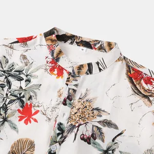Close-up of a men's summer Hawaiian shirt featuring a stand collar and botanical floral print