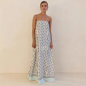Elegant strapless summer maxi dress with geometric print and off-shoulder design
