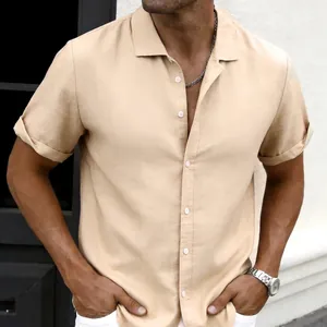 Khaki linnen shirt met korte mouwen voor heren met stijlvolle reverskraag en casual pasvorm
