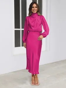 Elegant magenta satin long-sleeve evening dress with high neck and gathered waist.