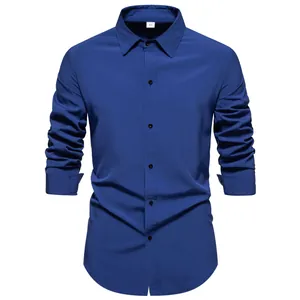 Classic solid navy blue long-sleeved casual shirt for men with button-down collar