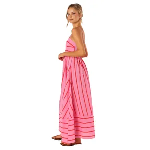 Stylish bohemian pink striped maxi dress with spaghetti straps and open back design