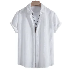 Summer fashion men's casual white jacquard short sleeve shirt with textured fabric