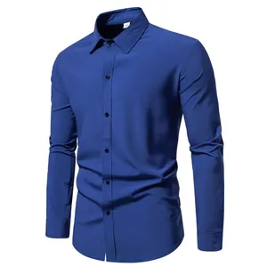 Detailed view of a men's royal blue long sleeve casual button-down shirt with classic collar