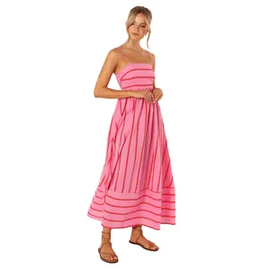 Full-body model view showing the fit and striped pattern of a pink summer maxi dress.
