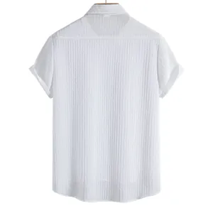 Classic white textured short sleeve casual shirt for men featuring breathable fabric back view