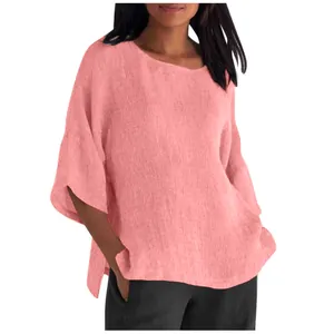 Elegante camicia in cotone lino rosa corallo con maniche a 3/4 e scollo rotondo classico