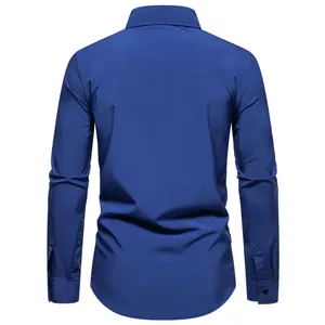 High-quality back view of a classic solid royal blue long-sleeved casual shirt for men