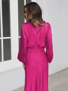 Back view of elegant magenta satin long-sleeved evening dress with high neck detail