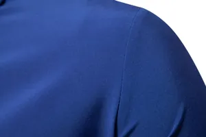 Detailed macro shot of navy blue men's casual shirt highlighting smooth fabric texture
