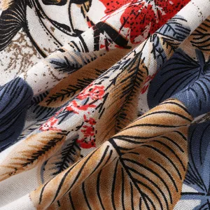 Close-up of breathable fabric with vintage Hawaiian tropical leaf print for men's shirt