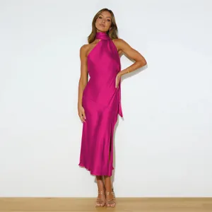 Elegant magenta satin midi dress featuring a halter neckline and side slit detail