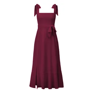Elegant burgundy French-style midi dress with bow shoulder straps and side slit detail