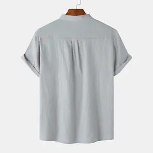 Back view of a men's light grey cotton linen short sleeve shirt with a stand collar
