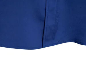 Detailed macro view showing the fine stitching and hem of a navy blue men's casual shirt