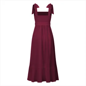 Back view of elegant burgundy midi dress featuring bow tie straps and smocked back detail