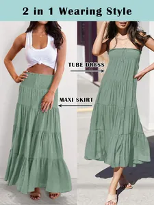 Detail der 2-in-1-Trageweise von Boheme-Maxirock in Salbeigrün und Schlauchkleid