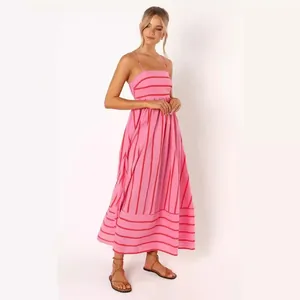 Elegant pink and red striped camisole backless maxi dress for summer beach vacation