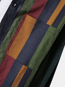 Detailed view of breathable cotton-linen texture on men's striped long-sleeved shirt
