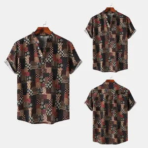 Three views of men's vintage patchwork printed short-sleeve shirt with stand collar