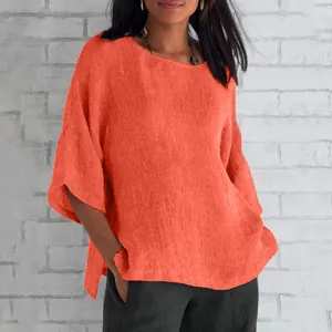 Camicetta casual da donna in cotone e lino arancione con maniche a 3/4 e girocollo