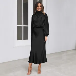 Elegant black satin long sleeve midi dress for women featuring a high neck design.