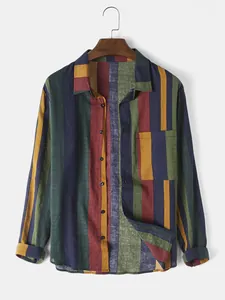 Men Casual Long Sleeve Striped Shirt Cotton Linen Breathable Color Block Button Down Vintage Lapel Loose Fit Top For Men