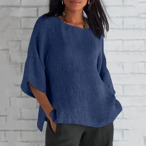 Camicia casual da donna in cotone e lino blu navy con maniche a 3/4 e scollo tondo