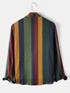 Detailed back view of men's colorful vertical striped cotton linen long sleeve shirt