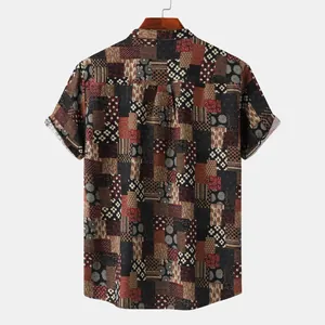 Detailed back view of men's short-sleeve Hawaiian shirt with vintage patchwork print